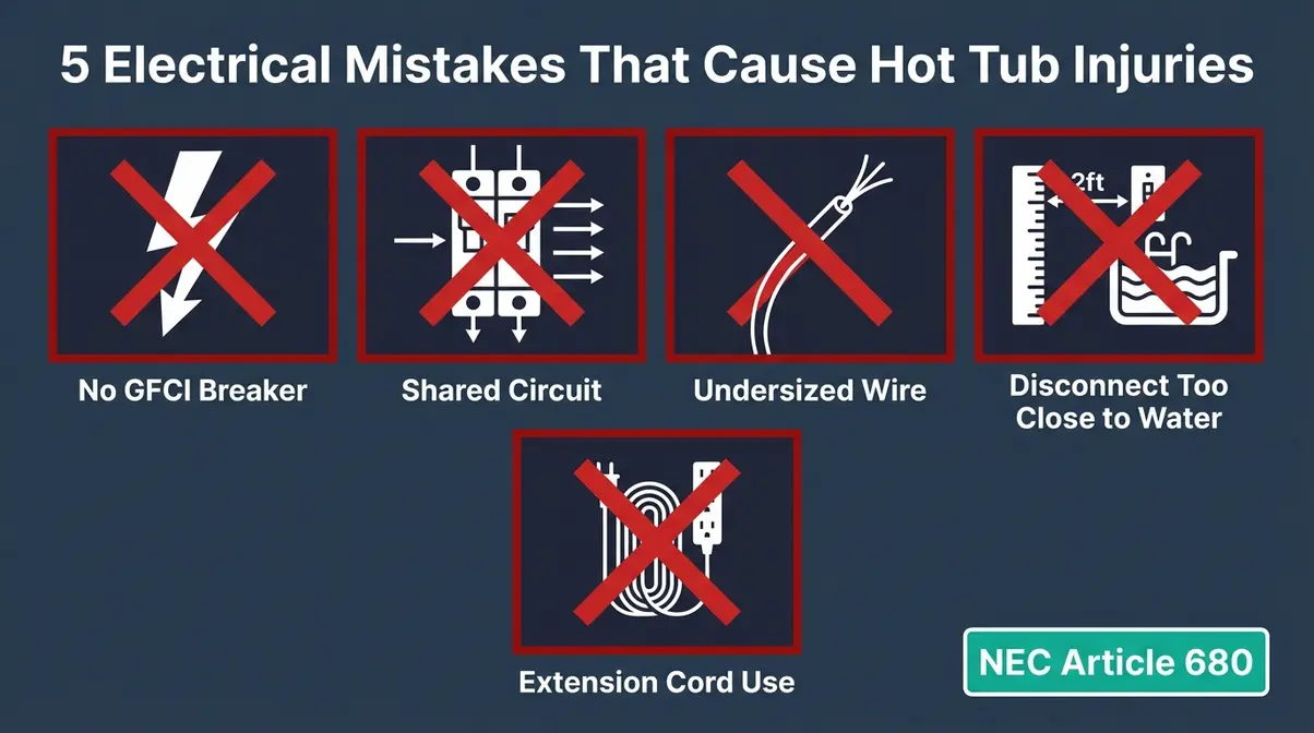 How Many Amps Does a Hot Tub Use? 50–60A Explained 8 Hot tub electrical safety infographic showing five dangerous wiring mistakes to avoid per NEC Article 680