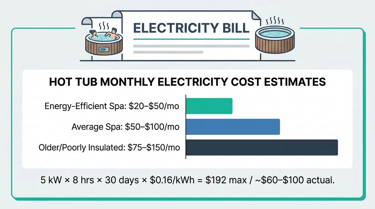 How Many Amps Does a Hot Tub Use? 50–60A Explained 5 Hot tub monthly electricity cost chart showing energy-efficient spa at 20 to 50 dollars versus standard models at 50 to 100 dollars