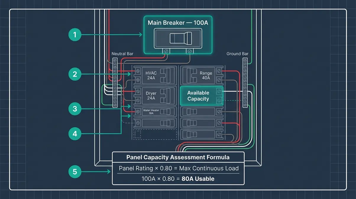 How Many Amps Does a Hot Tub Use? 50–60A Explained 6 Electrical panel capacity diagram showing 100 amp service load calculation for hot tub installation using the 80 percent rule