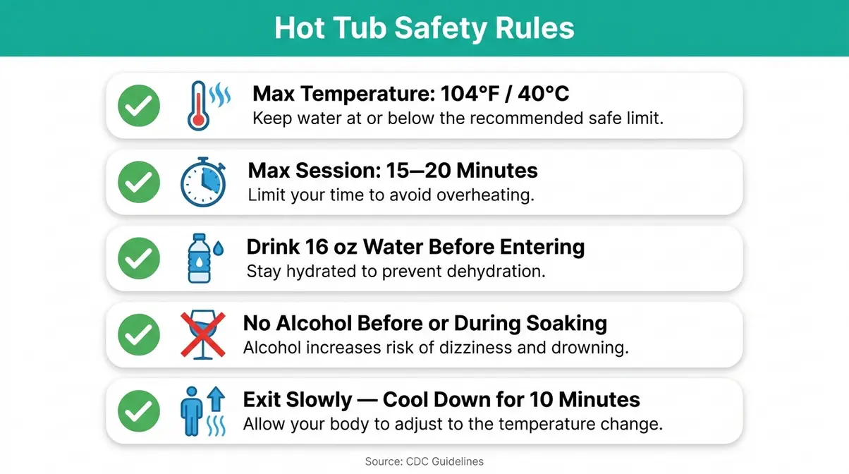 How Many Calories Do You Burn in a Hot Tub? (2026) 7 Hot tub safety checklist showing max 104°F temperature, 20-minute limit, and hydration requirements