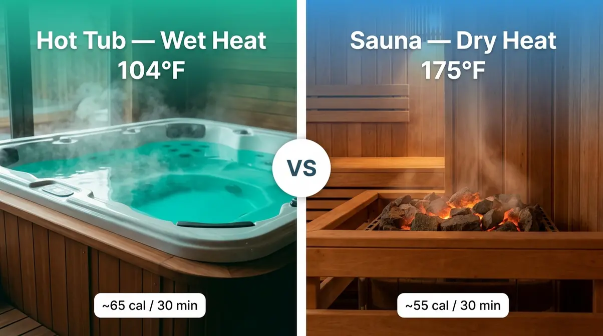 How Many Calories Do You Burn in a Hot Tub? (2026) 2 Side-by-side comparison of hot tub wet heat versus sauna dry heat calorie burn per 30-minute session