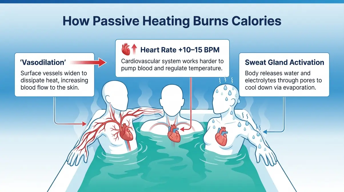 How Many Calories Do You Burn in a Hot Tub? (2026) 6 Diagram showing vasodilation, increased heart rate, and sweat gland activation during hot water immersion passive heating
