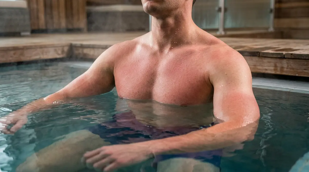 How Many Calories Do You Burn in a Hot Tub? (2026) 5 Person submerged in hot tub showing visible vasodilation and sweating from passive heating calorie burn