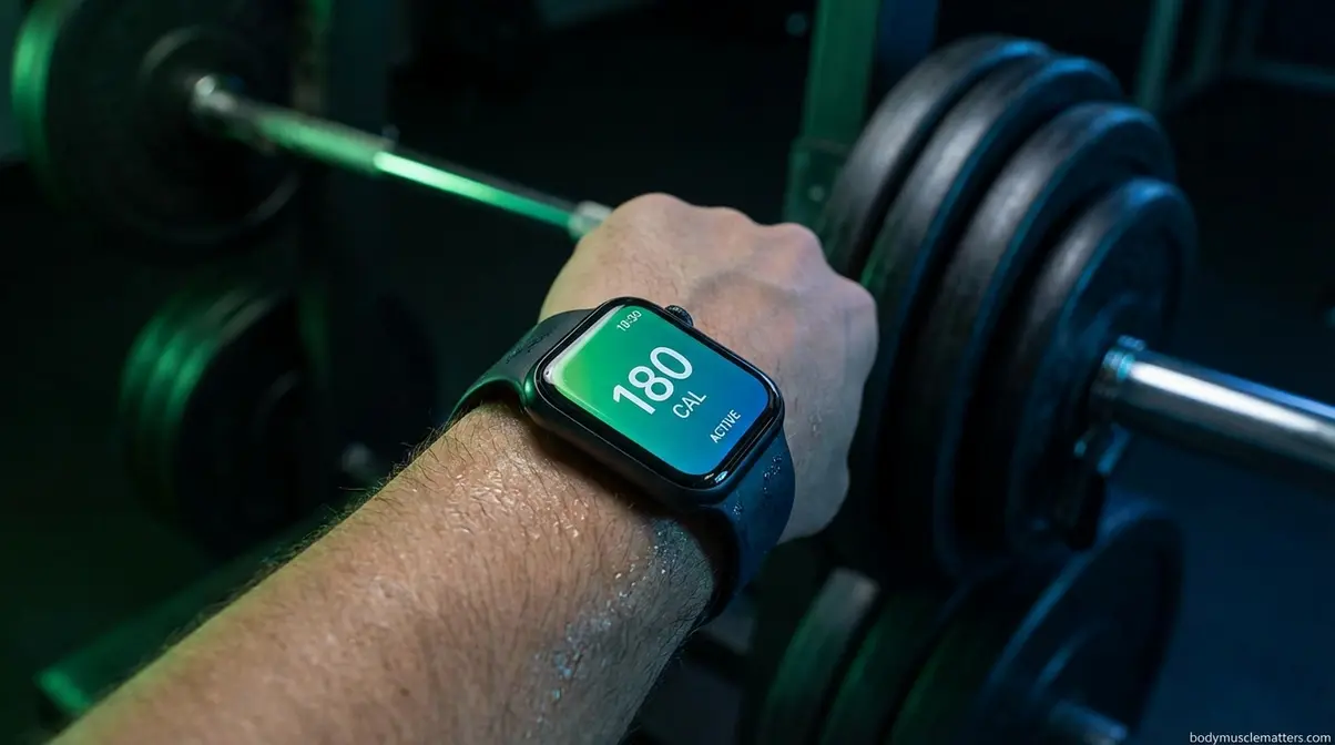 Smartwatch showing low calorie reading after weight lifting session illustrating fitness tracker inaccuracy