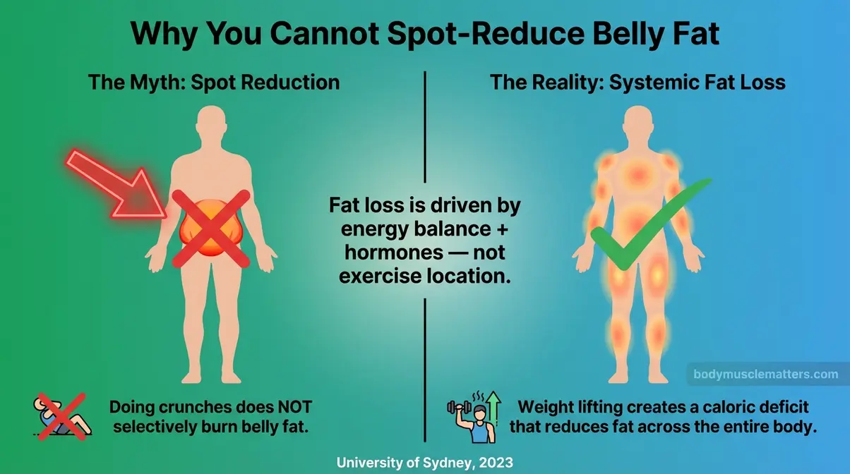 Diagram illustrating why weight lifting burns fat systemically rather than through spot reduction for belly fat loss