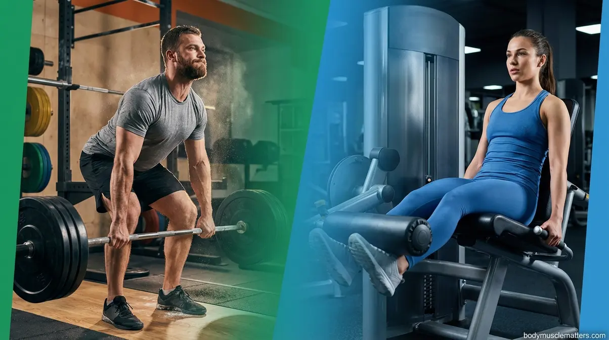 Compound deadlift versus isolation leg extension machine showing why weight lifting calorie burn varies by exercise type