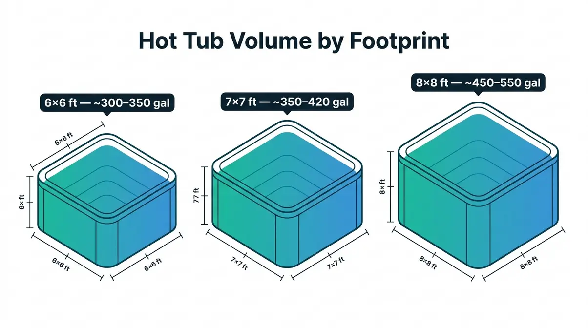 How Many Gallons in a Hot Tub? Sizes & Capacity Guide 7 Hot tub volume comparison for 6x6, 7x7, and 8x8 foot tubs showing gallon ranges drawn to scale