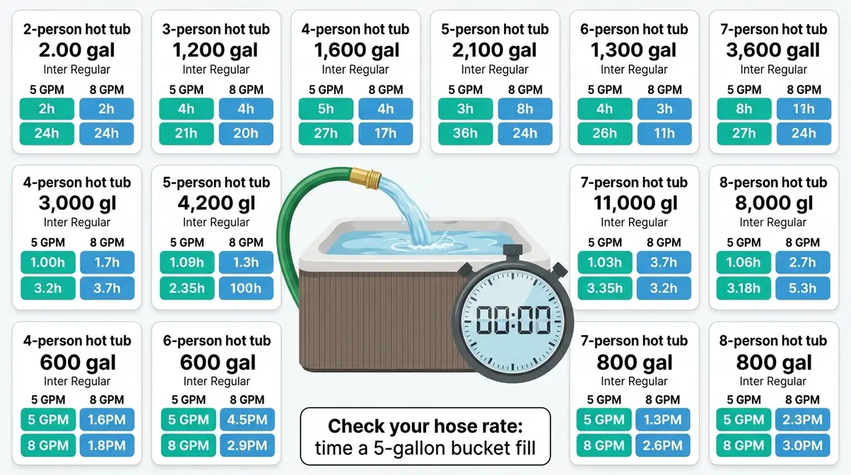 How Many Gallons in a Hot Tub? Sizes & Capacity Guide 10 Hot tub fill time chart by tub size and hose flow rate from 5 GPM to 10 GPM in minutes