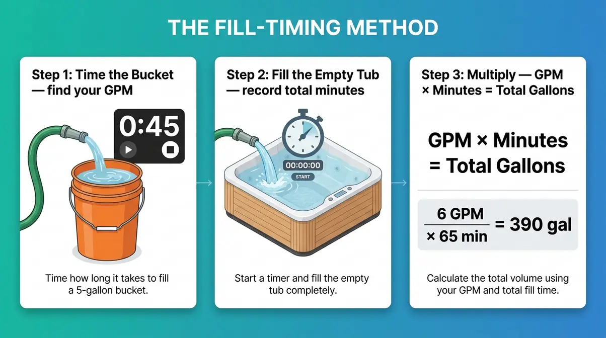 How Many Gallons in a Hot Tub? Sizes & Capacity Guide 6 Hot tub fill timing method step by step showing bucket test, hose filling tub, and gallon calculation formula