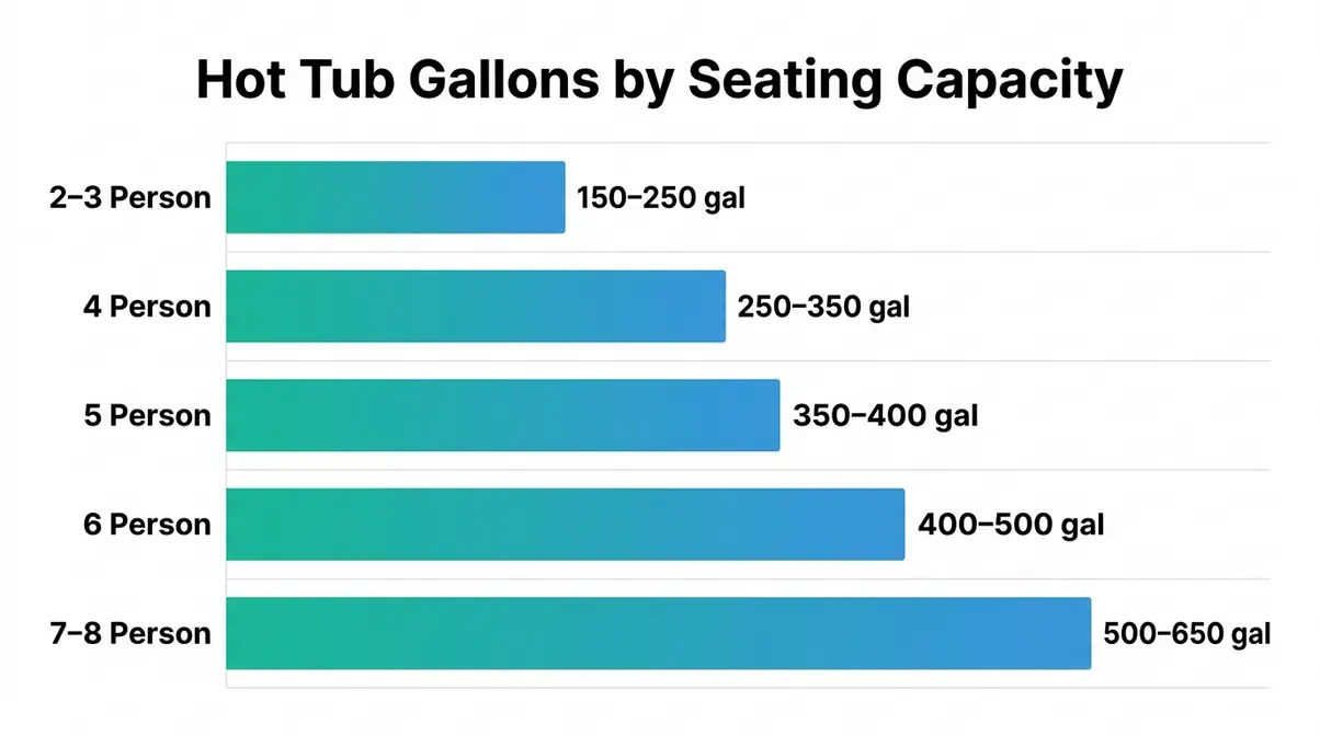 How Many Gallons in a Hot Tub? Sizes & Capacity Guide 2 Hot tub gallons by seating capacity bar chart from 150 gallons for 2-person to 650 gallons for 8-person tubs