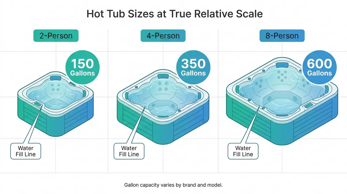 How Many Gallons in a Hot Tub? Sizes & Capacity Guide 3 How many gallons in a hot tub by seating size comparison chart showing 150, 350, and 600 gallon models