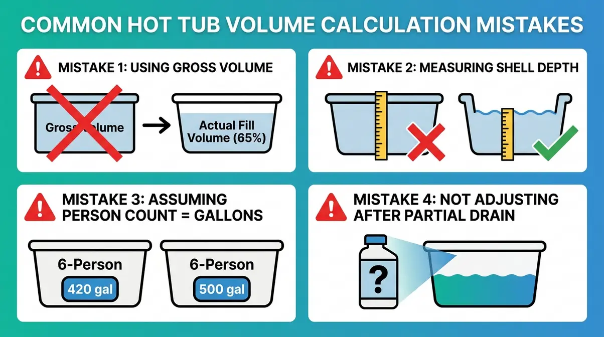 How Many Gallons in a Hot Tub? Sizes & Capacity Guide 11 Four common hot tub volume calculation mistakes including gross volume error and wrong depth measurement