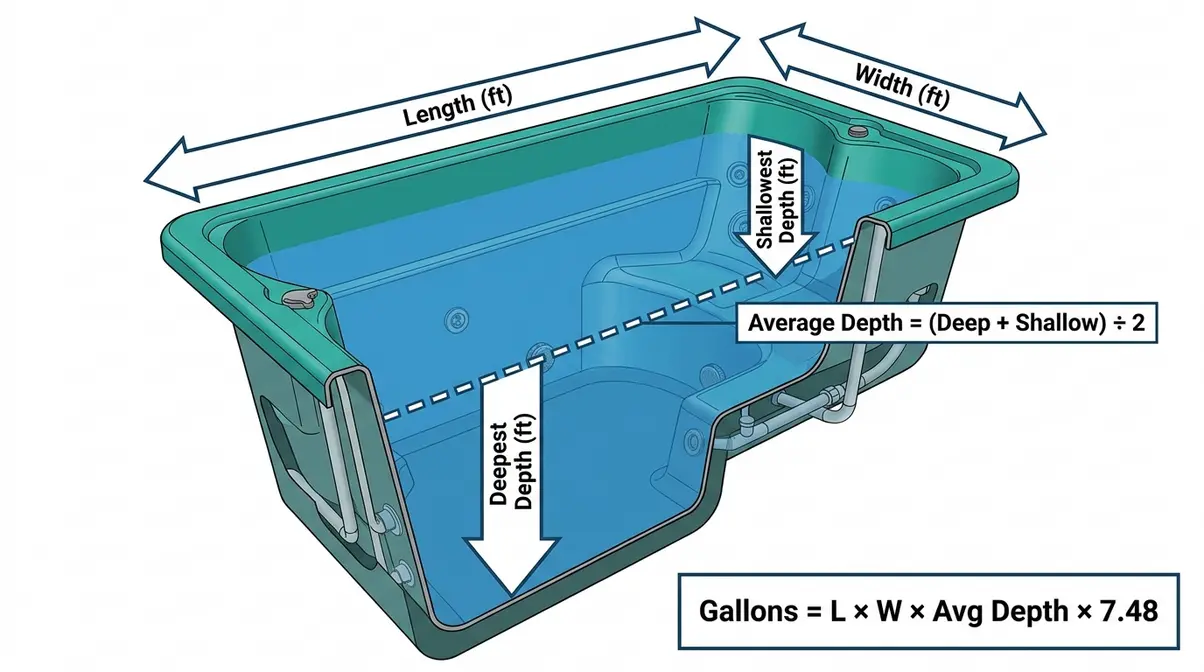 How Many Gallons in a Hot Tub? Sizes & Capacity Guide 4 Hot tub dimension measurement diagram showing length, width, deepest and shallowest depth for volume formula