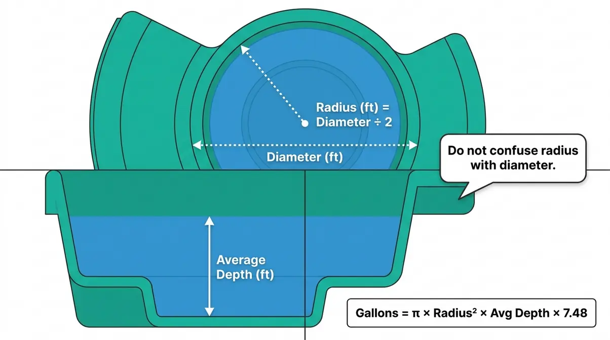 How Many Gallons in a Hot Tub? Sizes & Capacity Guide 5 Round hot tub measurement diagram showing radius from center point and depth arrows for gallon calculation