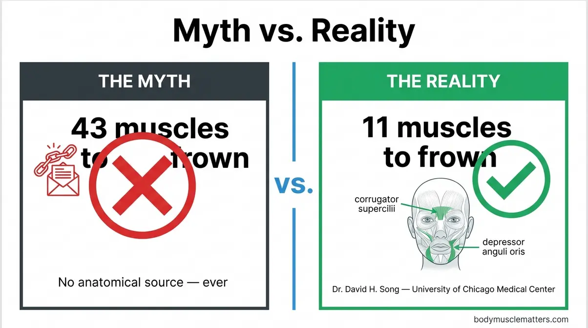 Infographic comparing myth of 43 muscles to frown versus clinical reality of 11 muscles with facial anatomy