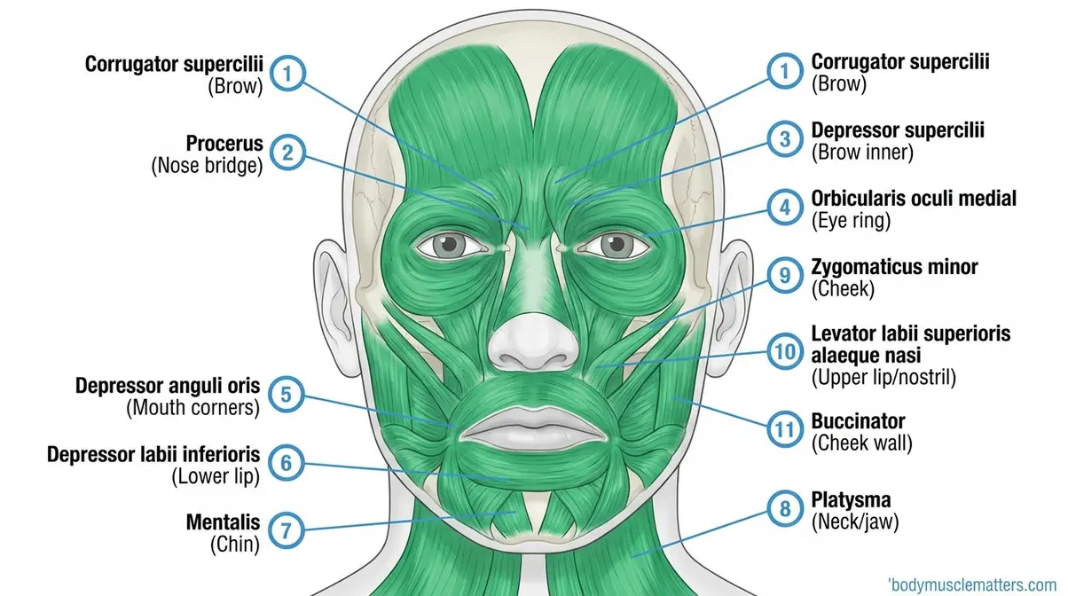 Labeled anatomical diagram of 11 facial muscles used to frown including corrugator supercilii and depressor anguli oris