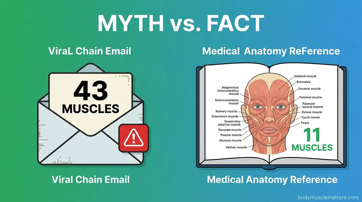 Illustration contrasting the viral 43 muscles to frown myth against the clinical anatomy fact of 11 muscles