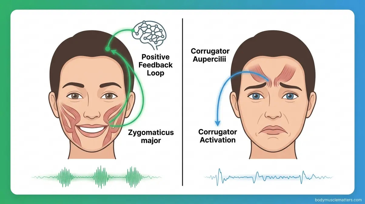 Illustration of facial feedback hypothesis showing neural pathways connecting smiling and frowning to brain emotion signals