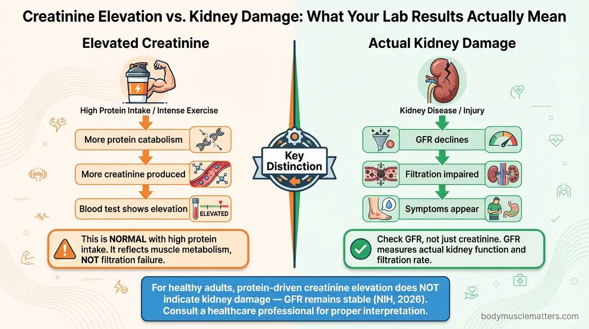 Infographic explaining the difference between creatinine elevation from protein shakes and actual kidney damage