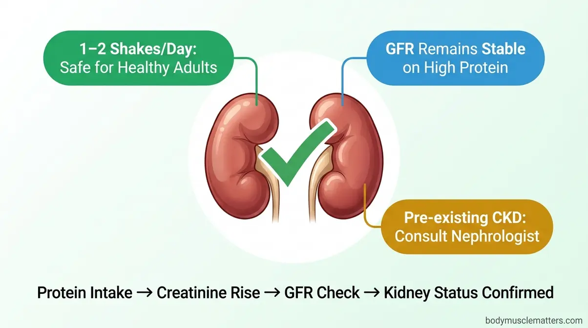 Medical illustration showing kidney health safety for protein shake consumption with GFR and creatinine guidance