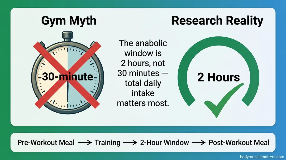 Illustration debunking the 30-minute anabolic window myth showing the actual two-hour post-workout protein timing
