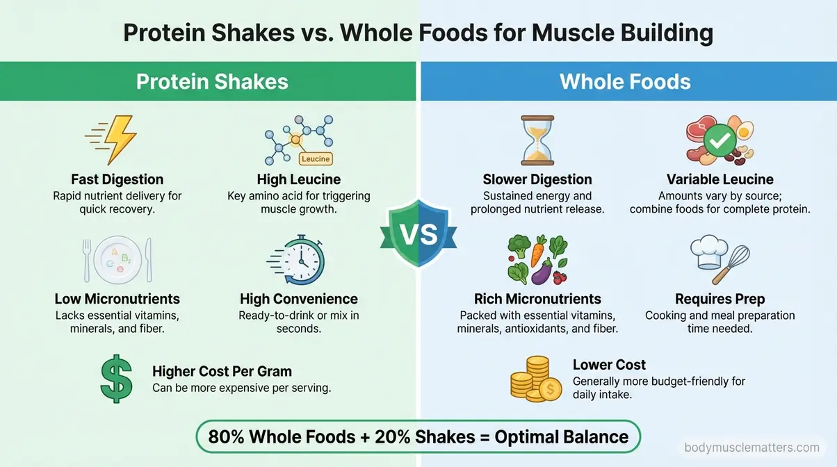 Comparison infographic showing protein shakes versus whole foods for muscle recovery convenience and nutrition