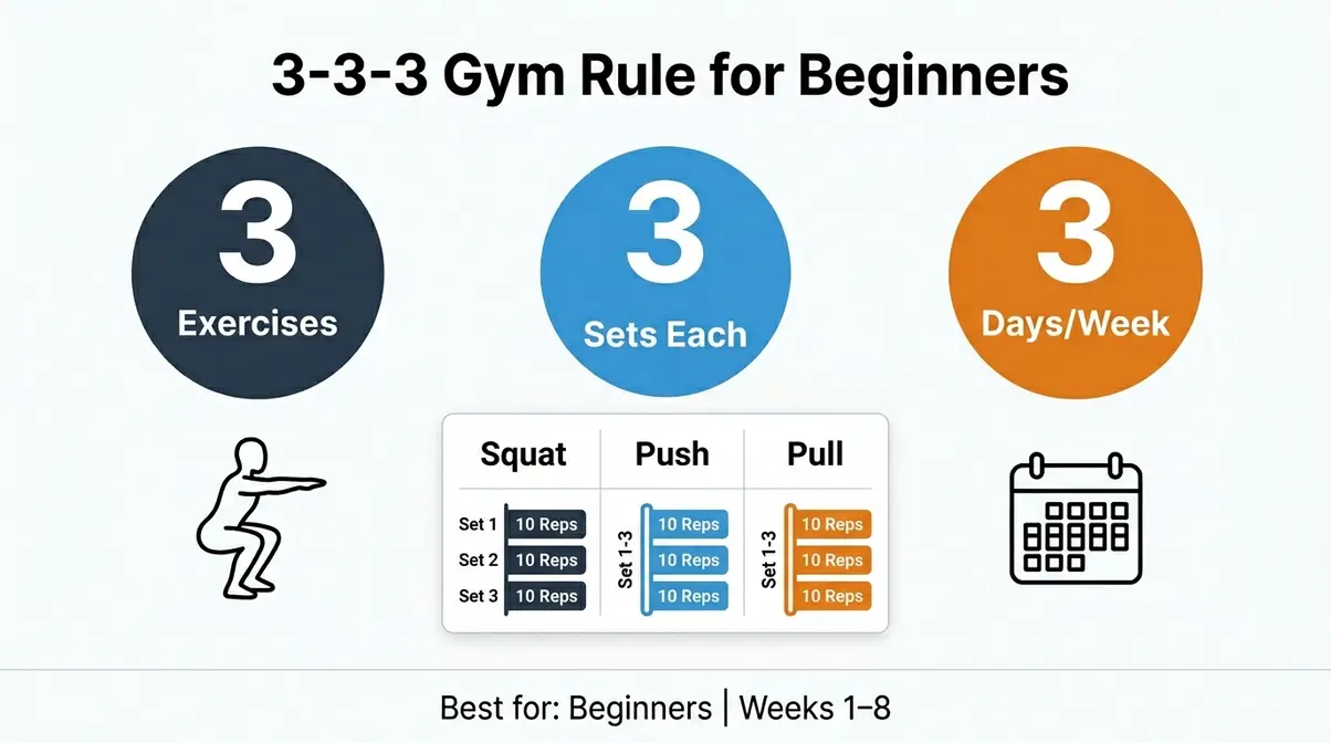 The 3-3-3 gym rule infographic showing three exercises three sets three days per week for beginners