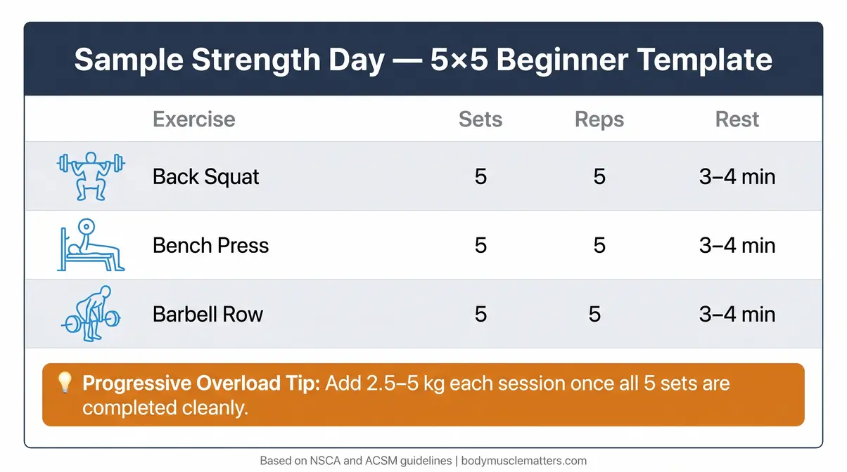 Beginner strength training workout template showing sets and reps for strength training exercises