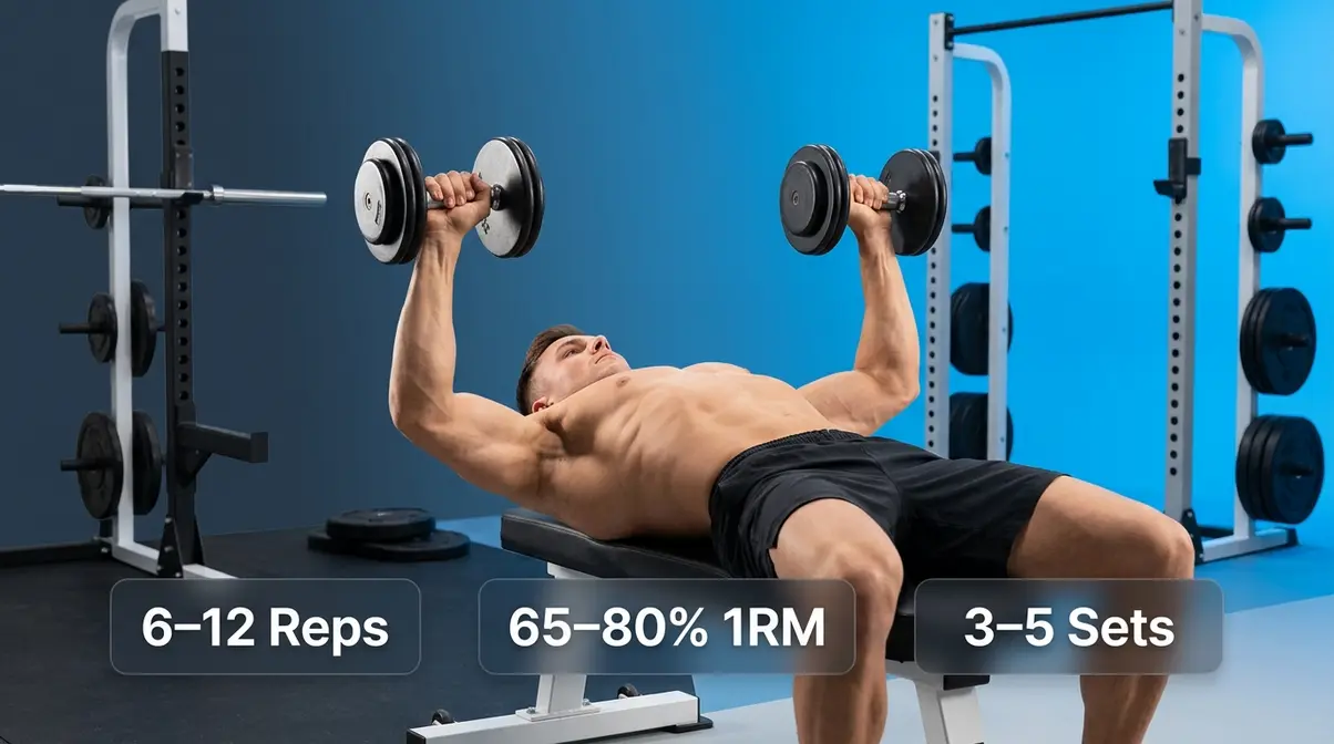 Athlete performing dumbbell bench press for muscle hypertrophy with six to twelve rep range badge