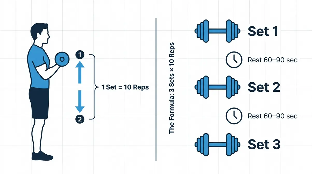 Diagram explaining sets and reps for strength training with a three-set dumbbell curl sequence