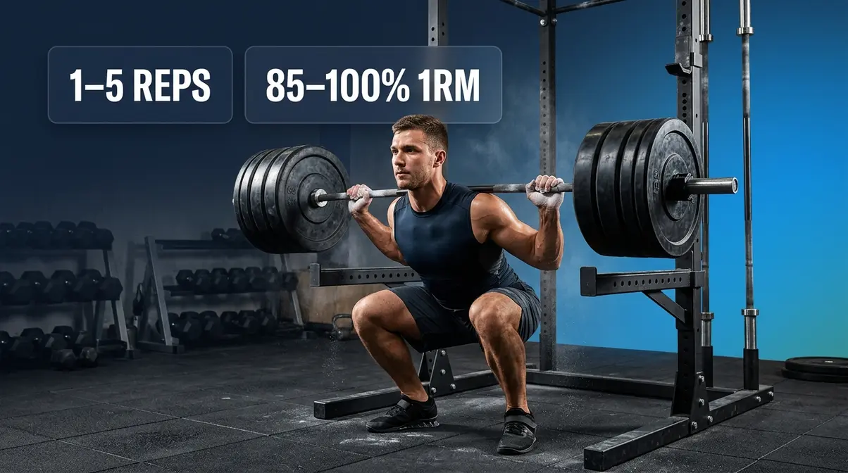 Athlete performing heavy barbell squat for strength training with low rep high intensity overlay