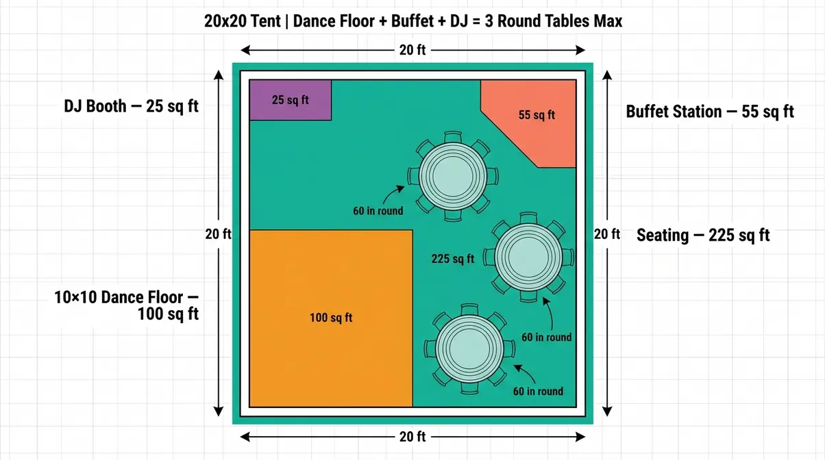 2D floor plan of 20x20 tent showing dance floor buffet DJ booth and three round seating tables with zone labels