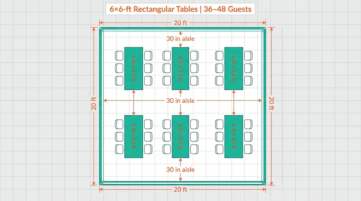 2D floor plan of 20x20 tent with six 6-foot rectangular tables in two rows showing 30-inch aisle clearances