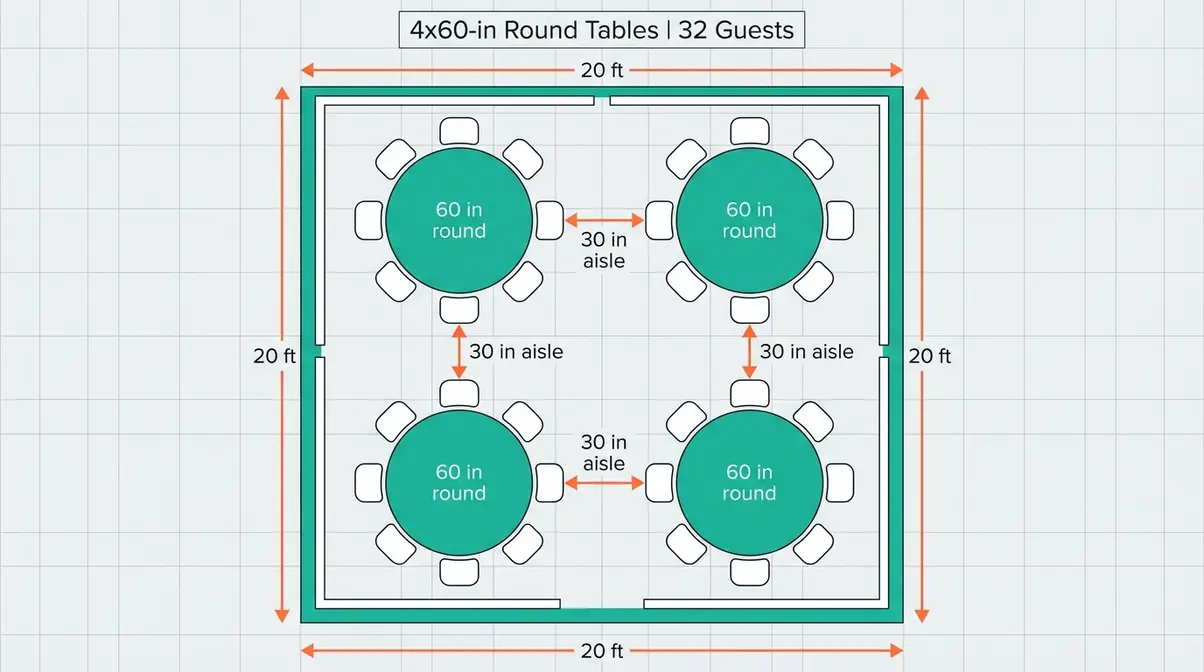 2D floor plan of 20x20 tent with four 60-inch round tables arranged symmetrically with 30-inch aisle labels