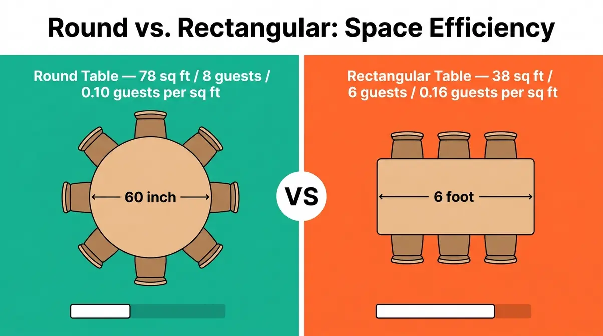 Round versus rectangular table comparison showing space efficiency guests per square foot and total footprint differences