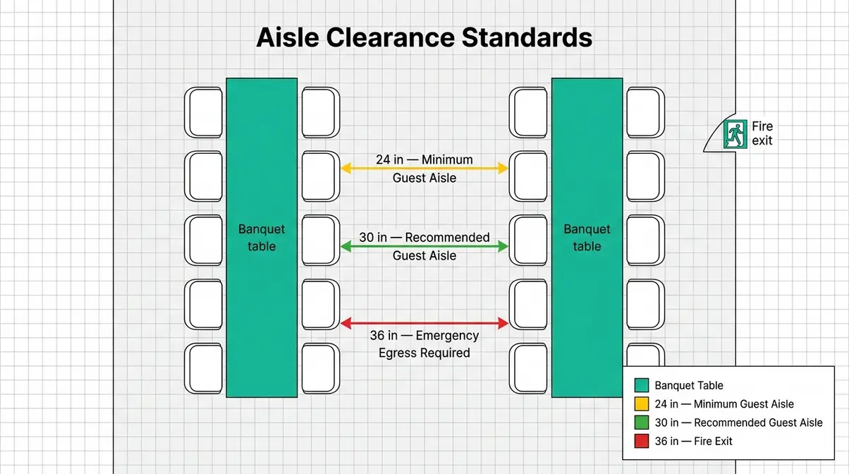 Aisle clearance diagram showing 24-inch minimum 30-inch recommended and 36-inch emergency egress requirements between tent tables