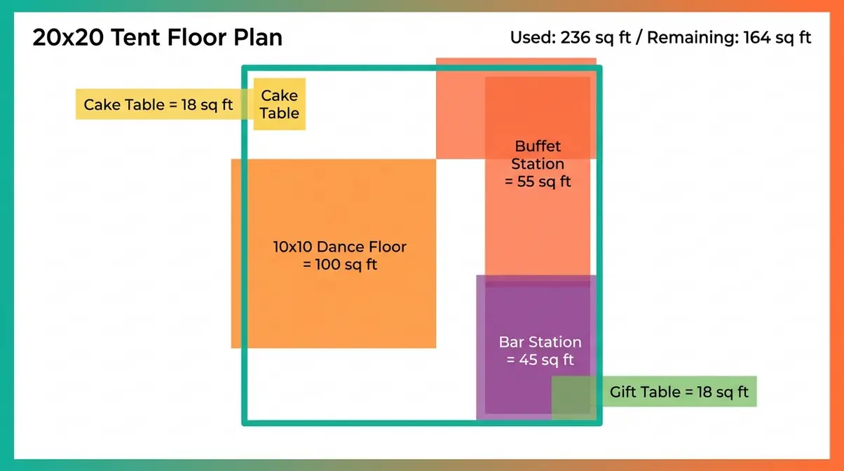 20x20 tent layout showing square footage consumed by dance floor buffet bar cake table and gift table add-ons