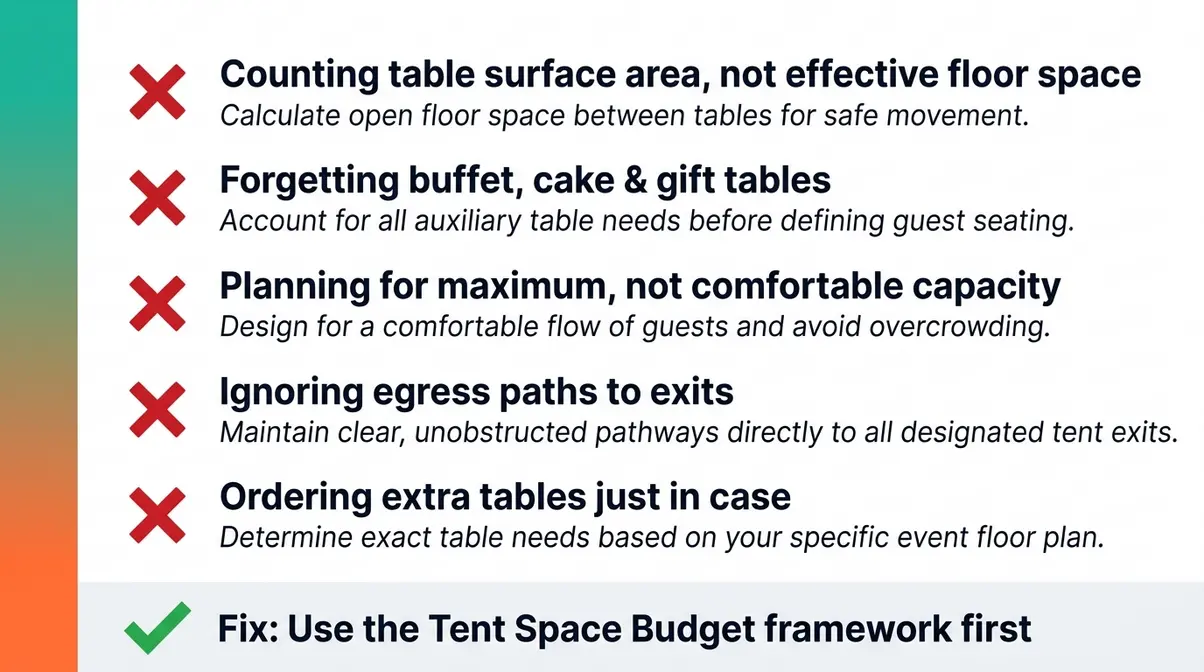Checklist infographic showing five most common tent layout planning mistakes with fixes for each