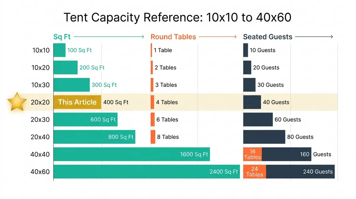 Tent capacity reference chart comparing square footage round table count and seated guests for common tent sizes