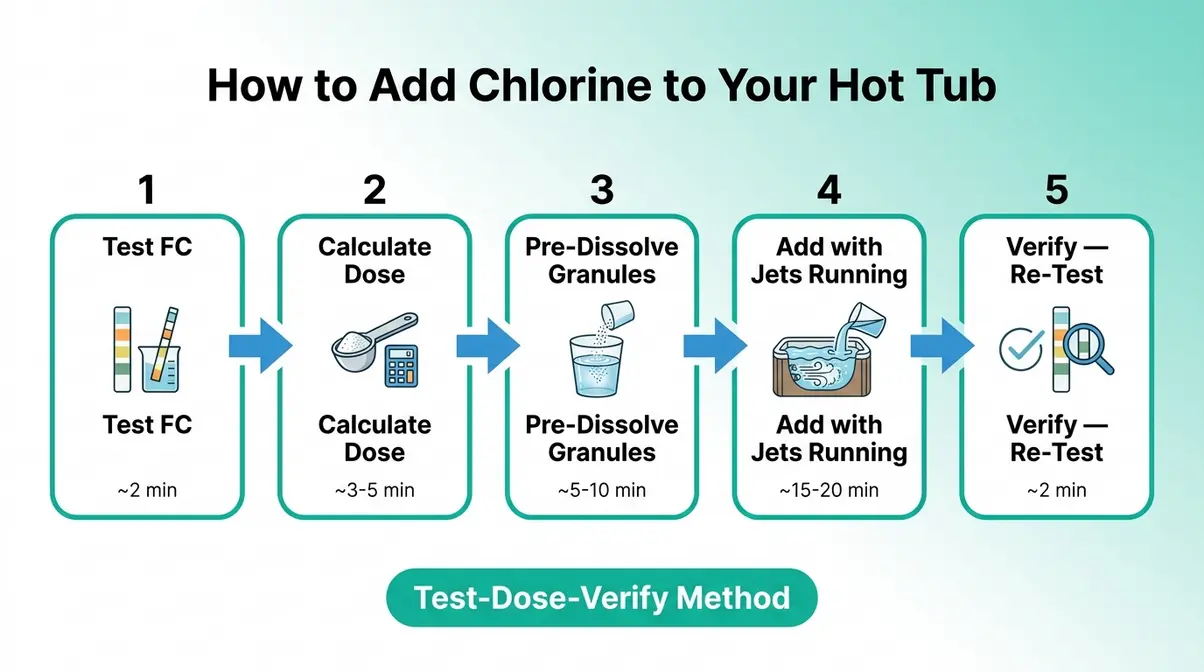 Five-step diagram for safely adding chlorine to a 300-gallon hot tub