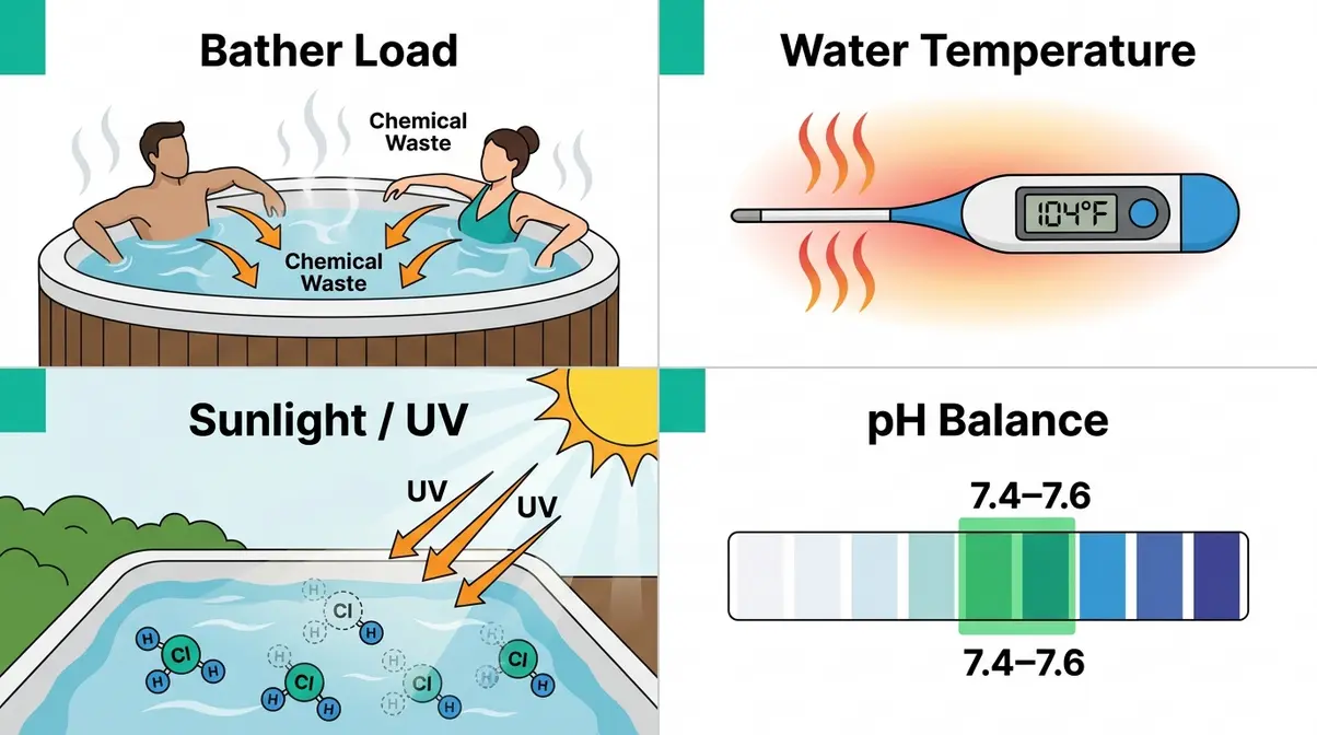 Four factors affecting hot tub chlorine demand: bather load, temperature, sunlight, and pH balance
