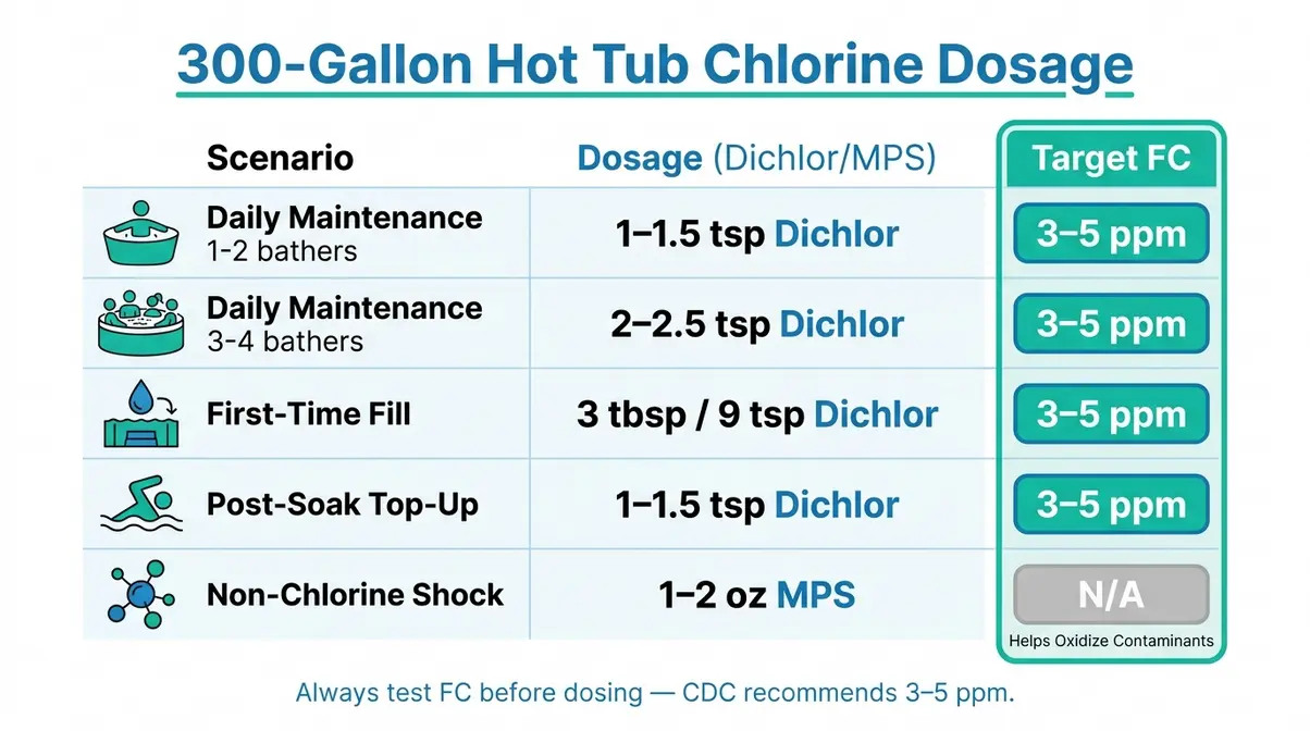 Printable 300-gallon hot tub chlorine dosage chart showing teaspoon amounts by scenario