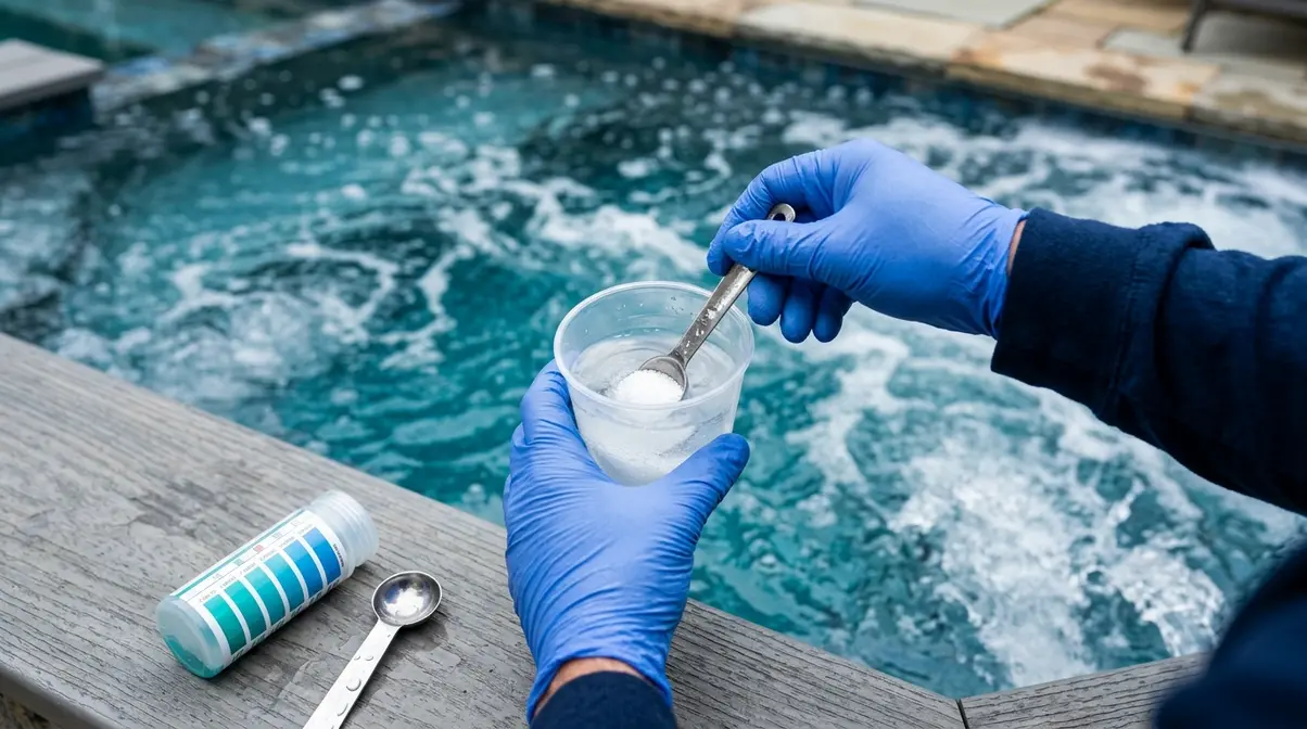 Hands pre-dissolving Dichlor granules in a cup before adding chlorine to a hot tub