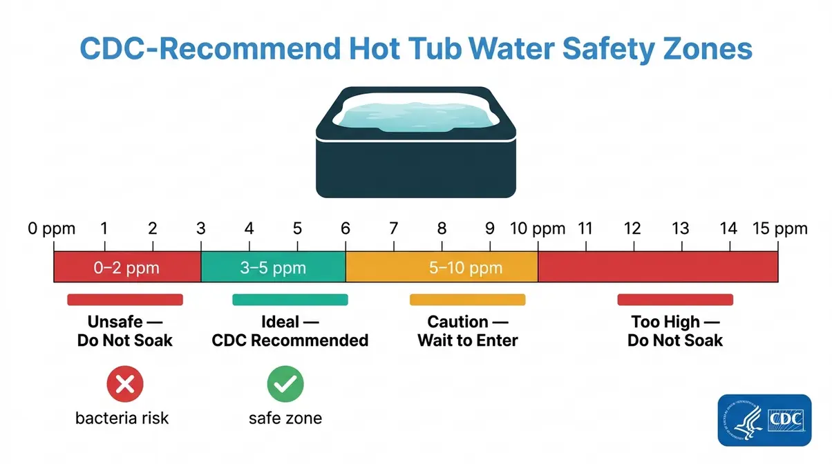 CDC-recommended hot tub chlorine safety zones showing safe range of 3 to 5 ppm free chlorine
