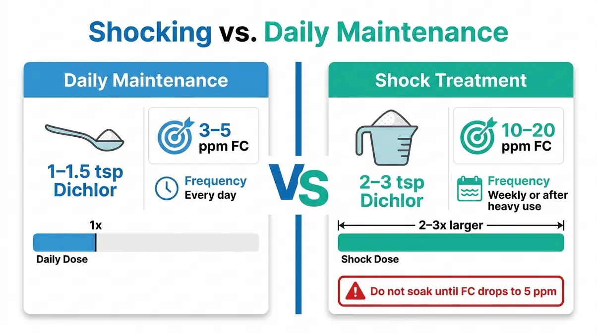 Comparison diagram: chlorine shock dose versus daily maintenance dose for a 300-gallon hot tub