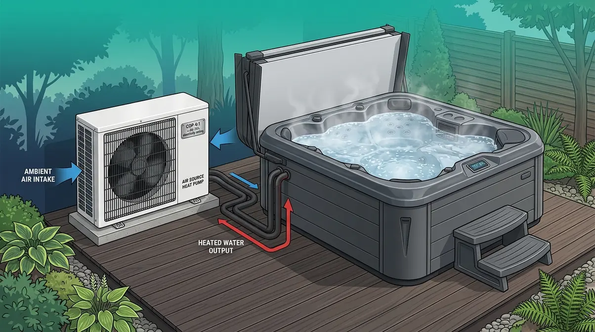 How Much Do Hot Tubs Cost UK? 2026 Full Price Guide 9 Air source heat pump connected to outdoor hot tub showing energy efficiency and installation setup