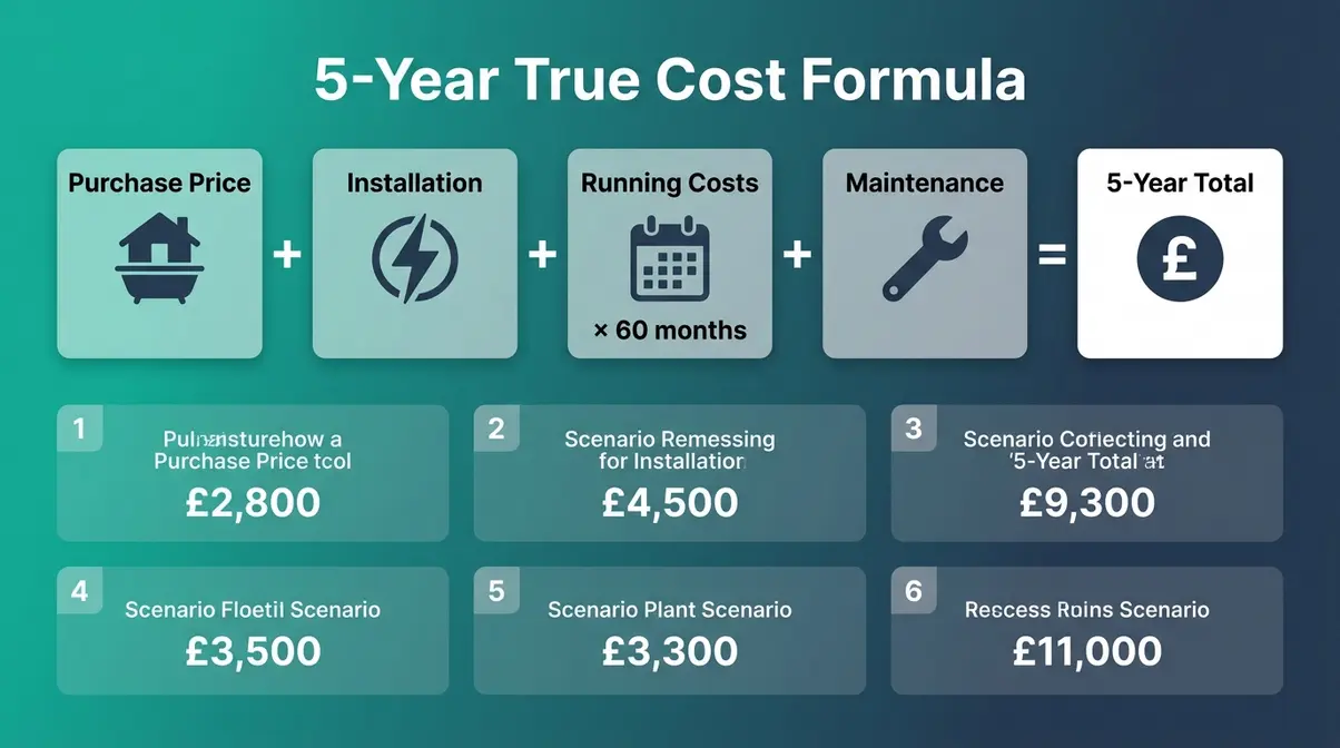 How Much Do Hot Tubs Cost UK? 2026 Full Price Guide 5 5-Year True Cost Formula for UK hot tub ownership showing purchase installation running and maintenance costs