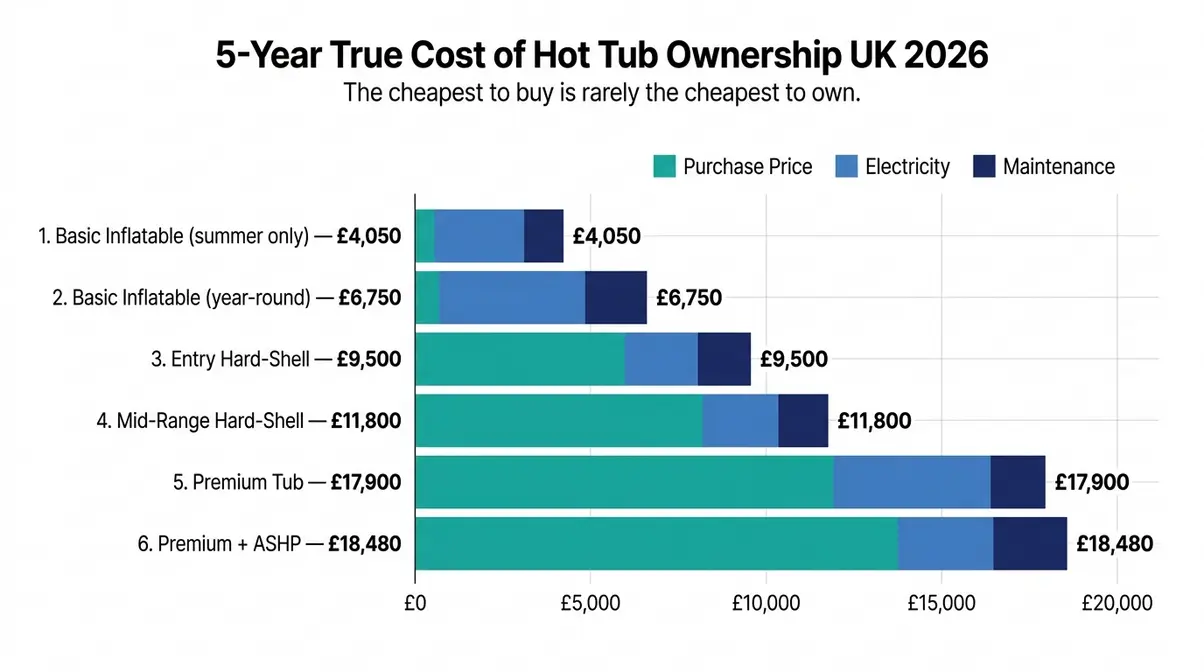 How Much Do Hot Tubs Cost UK? 2026 Full Price Guide 6 5-year true cost of hot tub ownership UK 2026 six scenarios stacked bar chart comparison