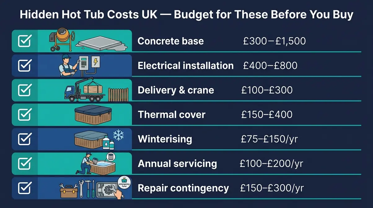 How Much Do Hot Tubs Cost UK? 2026 Full Price Guide 7 Hidden costs of owning a hot tub UK checklist covering installation electrical base cover servicing and repairs
