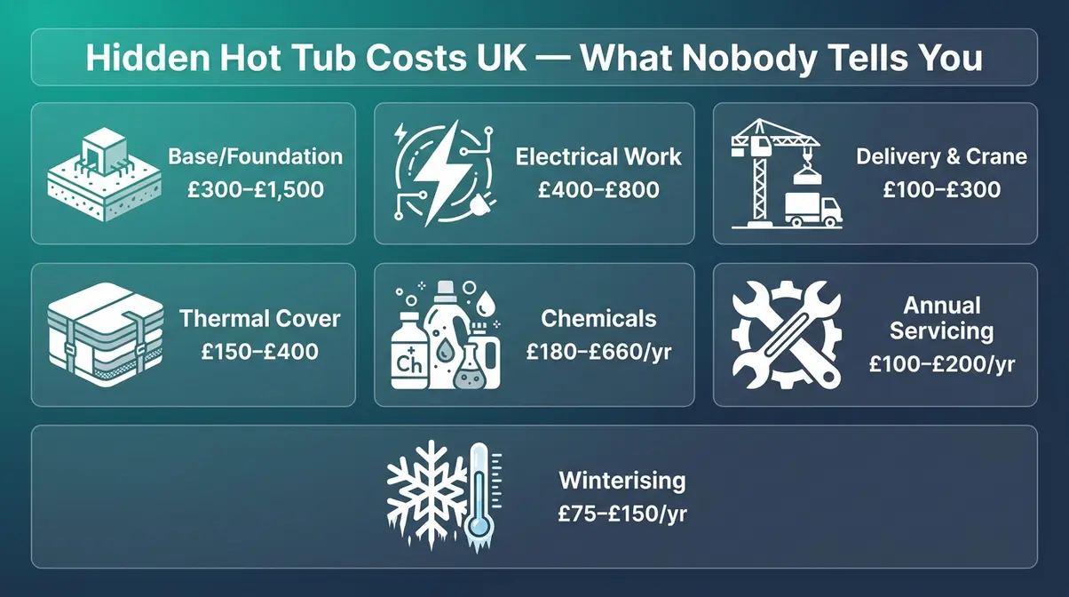 How Much Do Hot Tubs Cost UK? 2026 Full Price Guide 8 Hidden costs of owning a hot tub UK 2026 checklist infographic with seven cost categories